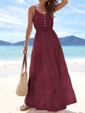 Sleeveless Tiered Maxi Dress in Burgundy